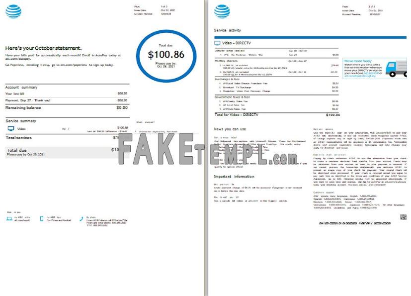 USA AT&T fake Invoice Word and PDF template